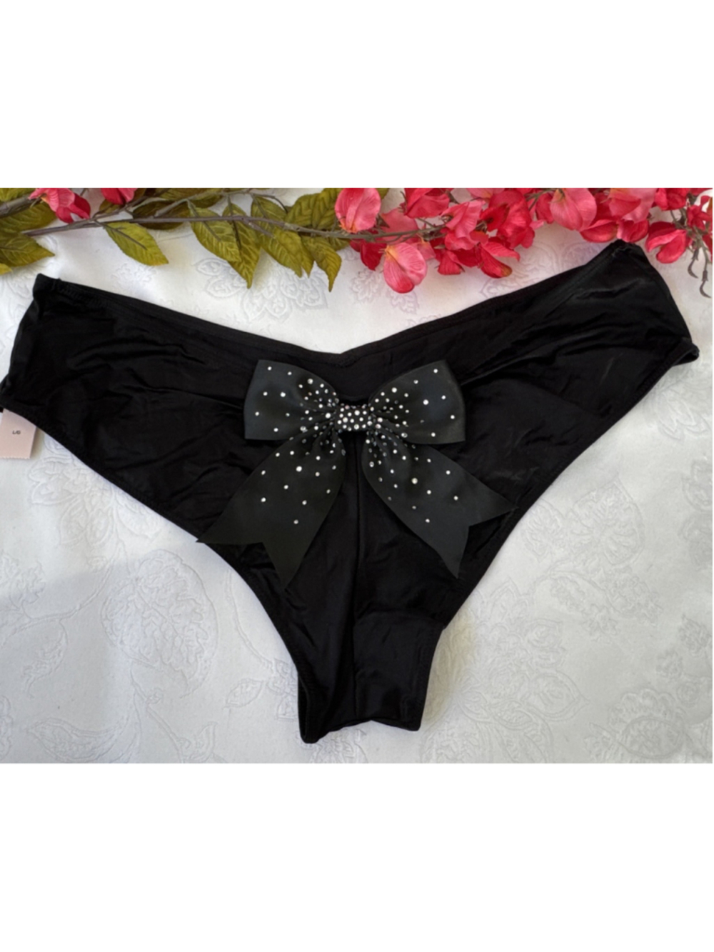 VICTORIA'S SECRET L SILKY HIGH LEG CHEEKY PANTIES BLING BOW BACK VERY SEXY NWT